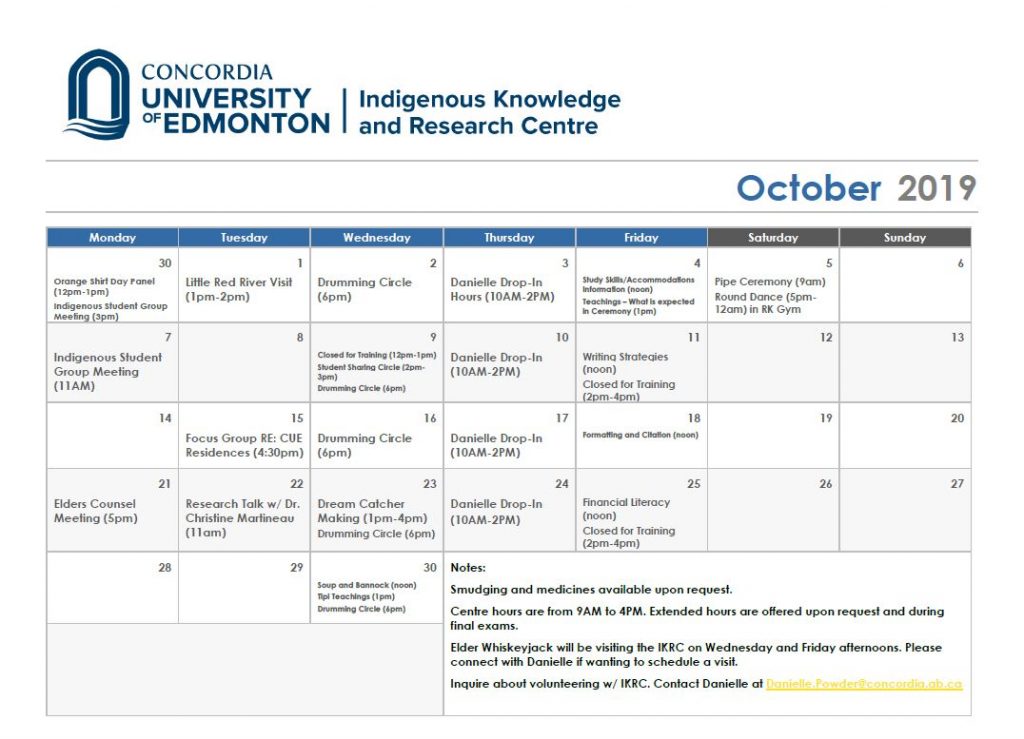 IKRC Program Calendar for October Concordia University of Edmonton