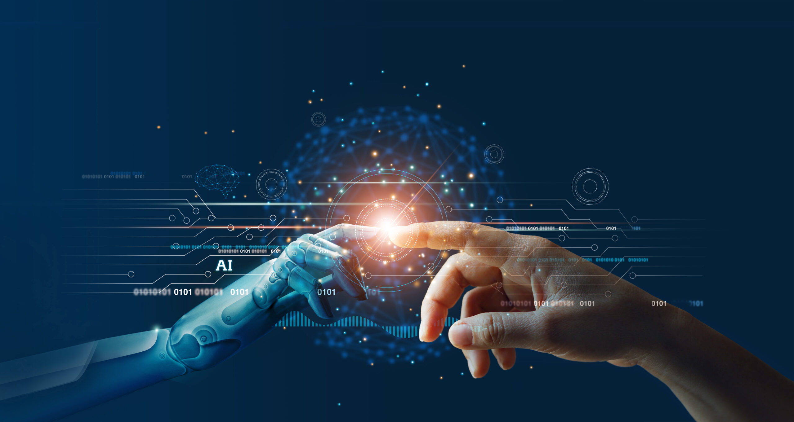 AI, Machine learning, Hands of robot and human touching on big data network connection background, Science and artificial intelligence technology, innovation and futuristic. stock photo