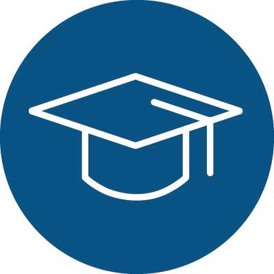 Blue and white icon of a graduation cap to represent academic programs