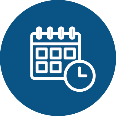 Blue and white icon of a calendar and a clock to represent events