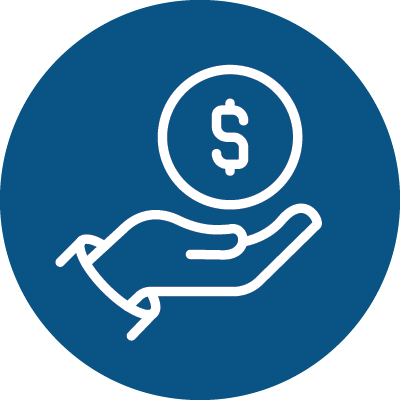 Blue and white icon of a hand holding a coin to represent financial aid and awards