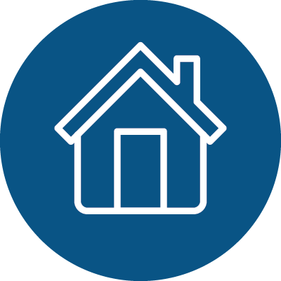 Blue and white icon of a house to represent financial aid and awards