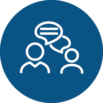 Blue and white icon of two people talking to represent student supports