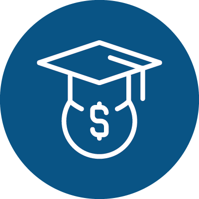 Blue and white icon of a coin wearing a graduation cap to represent tuition and fees