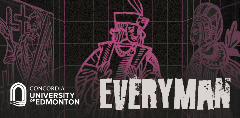 Artwork for Theatre at CUE's Everyman featuring three figures - Everyman, Beauty, and Death
